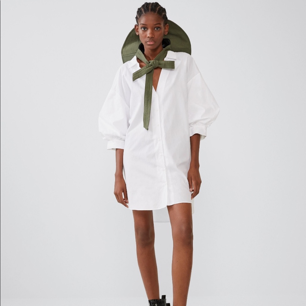 White Puff-Sleeve Shirt Dress with Olive Tie Detail